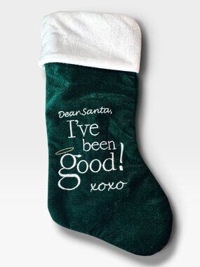 Dear Santa Green Velvet Christmas Stocking With Embroidered Lettering & White Cu